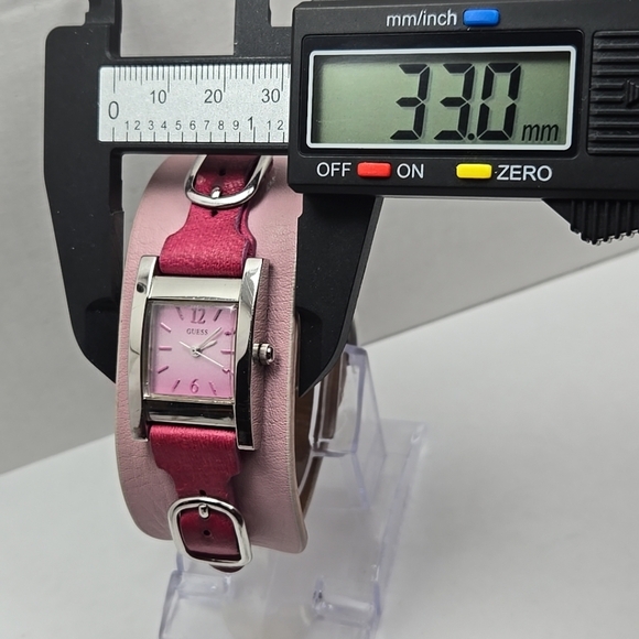 Women Guess Watch Pink Leather Wide Band Cuff Silver Case Quartz New Battery - Picture 5 of 11